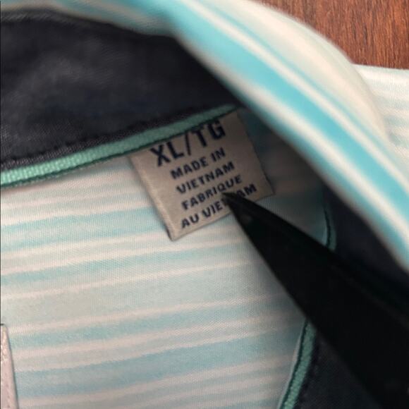 Tommy Bahama Aqua and Blue Striped Tencel and CoolMax Polyester Shirt, Size XL - Picture 16 of 16